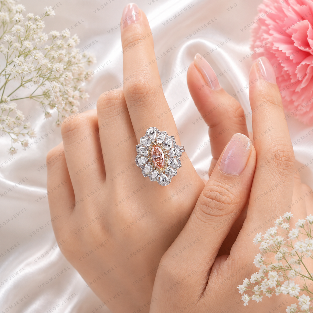 Pink Marquise Lab Grown Diamond Engagement Ring, Floral Halo Ring, Pear Shape Diamond Accents, Pink Diamond Ring, 10K 14K 18K Gold