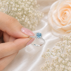 Blue Emerald Cut Lab Grown Diamond Ring, 1.50 Carat Blue Diamond Engagement Ring, Emerald Cut Halo Ring, Round Diamond Accents, Pavé Band