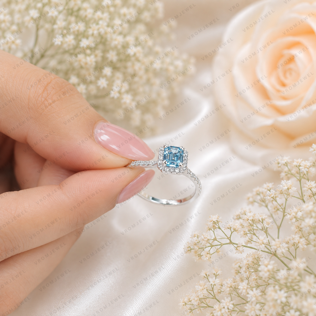 Blue Emerald Cut Lab Grown Diamond Ring, 1.50 Carat Blue Diamond Engagement Ring, Emerald Cut Halo Ring, Round Diamond Accents, Pavé Band