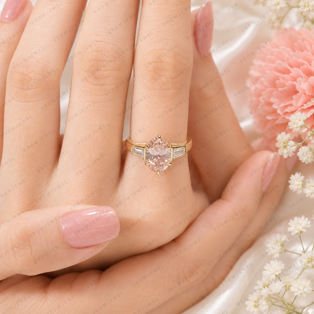 Pink Oval Lab Grown Diamond Engagement Ring, Pink Diamond Ring, Elegant Halo Setting, Diamond Accent Ring, 10K 14K 18K Gold