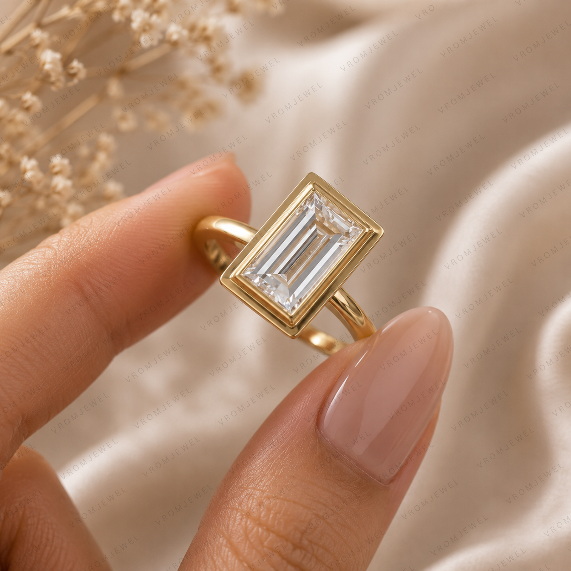 Baguette Cut Lab Diamond Bezel Engagement Ring