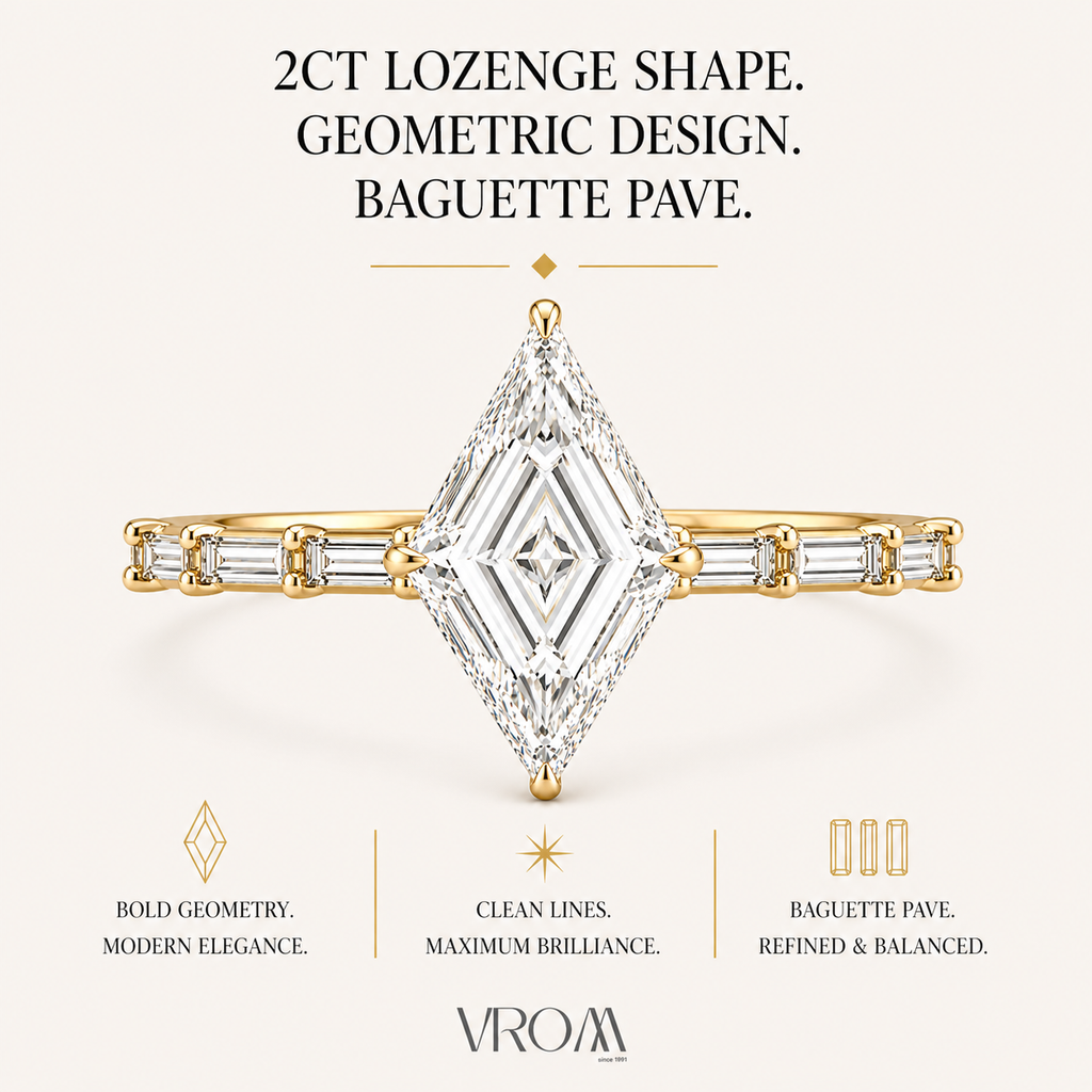 Lozenge Shape Lab Grown Diamond Ring | 2 CT | Baguette Pave Band | Geometric Modern Engagement Ring | 14K Gold