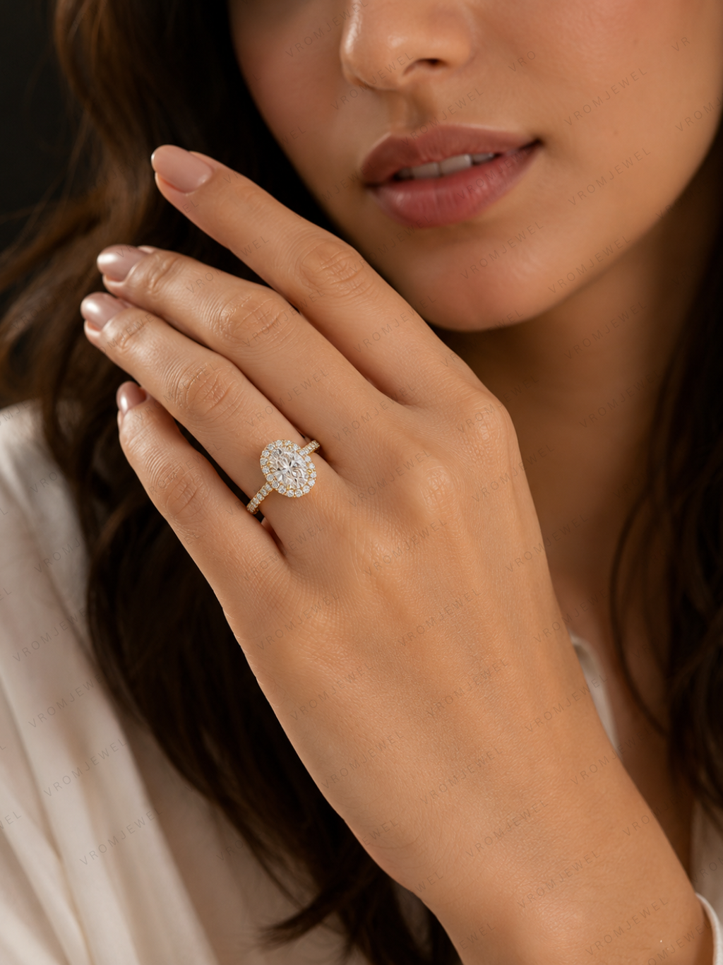 Oval Shape Lab Grown Diamond Halo Engagement Ring with Side Stones in Solid 14K Gold