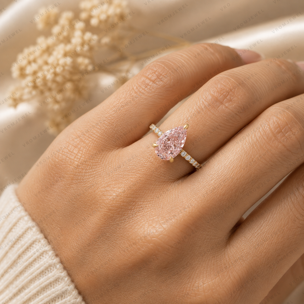 Pink Pear Shape Lab Grown Diamond Engagement Ring, Pink Diamond Solitaire Ring, Minimalist Diamond Ring, 10K 14K 18K Gold