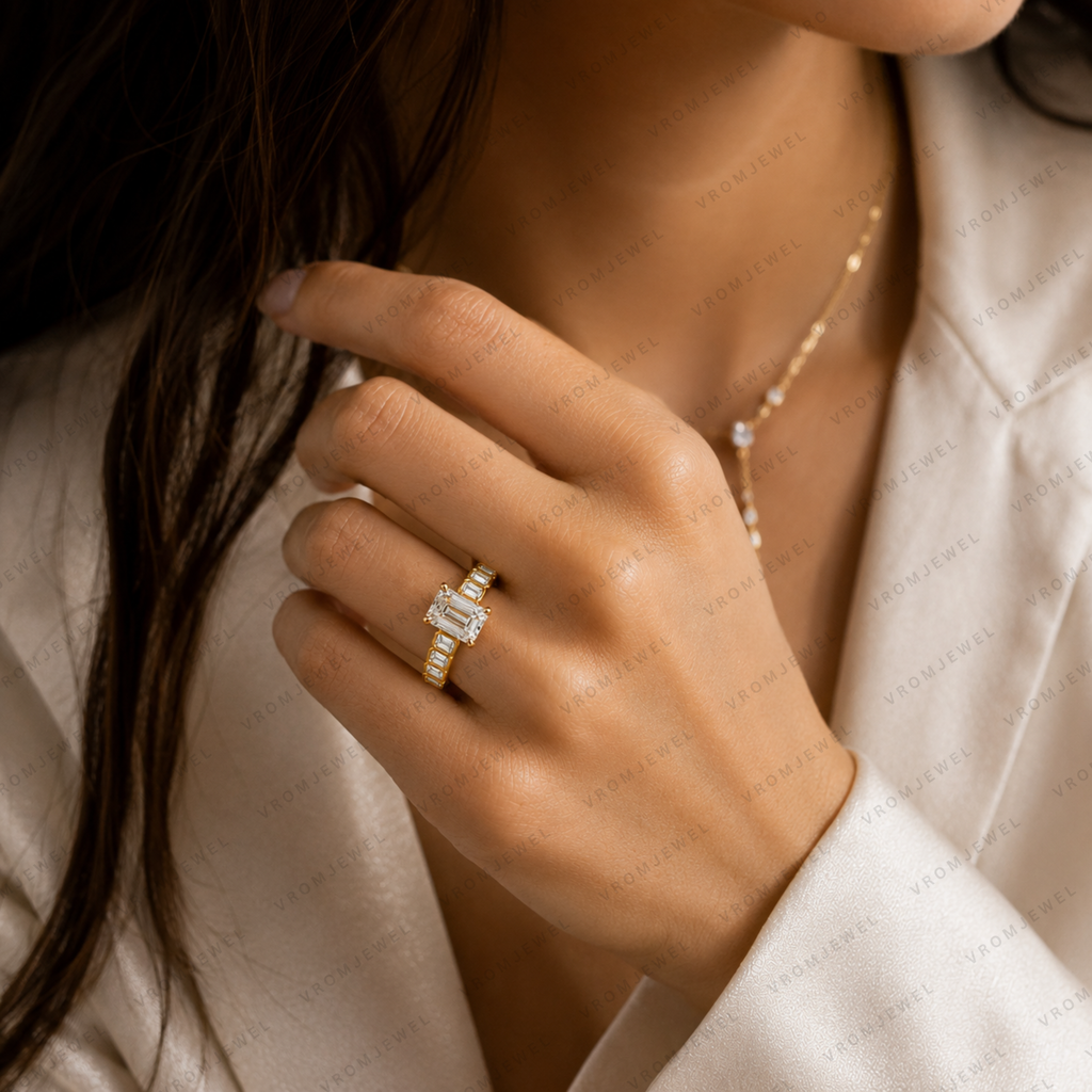 Emerald Cut Lab Grown Diamond Bridal Engagement Ring in Solid 14K Gold