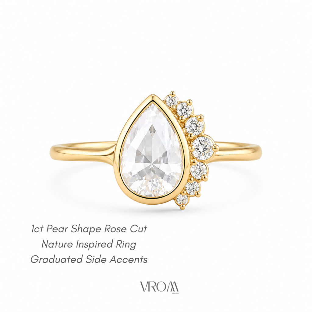 Pear Shape Rose Cut Lab Grown Diamond Ring | 1 CT | Nature Inspired Design | Bezel Setting with Graduated Accents | 14K Gold