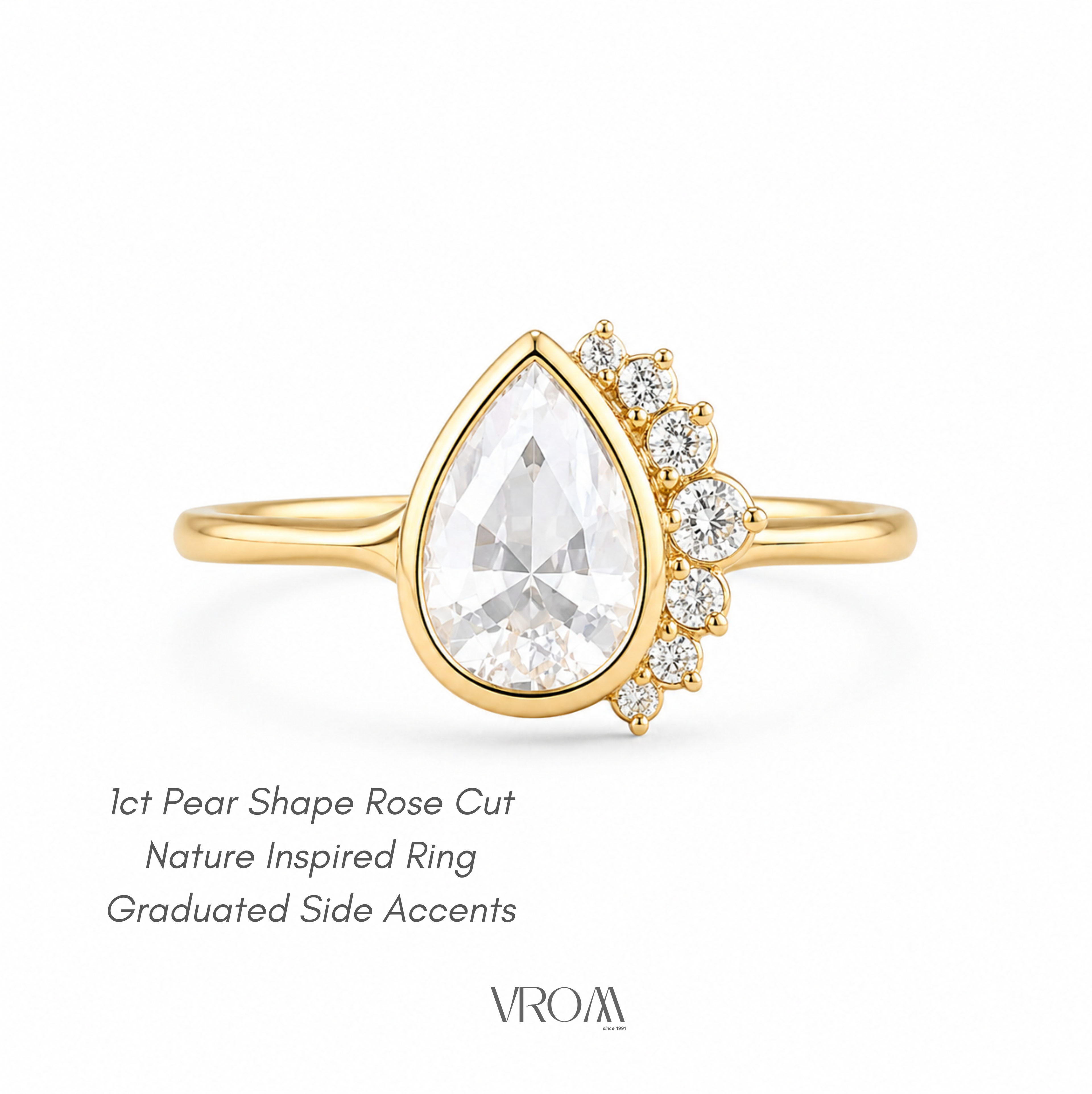 Pear Shape Rose Cut Lab Grown Diamond Ring | 1 CT | Nature Inspired Design | Bezel Setting with Graduated Accents | 14K Gold