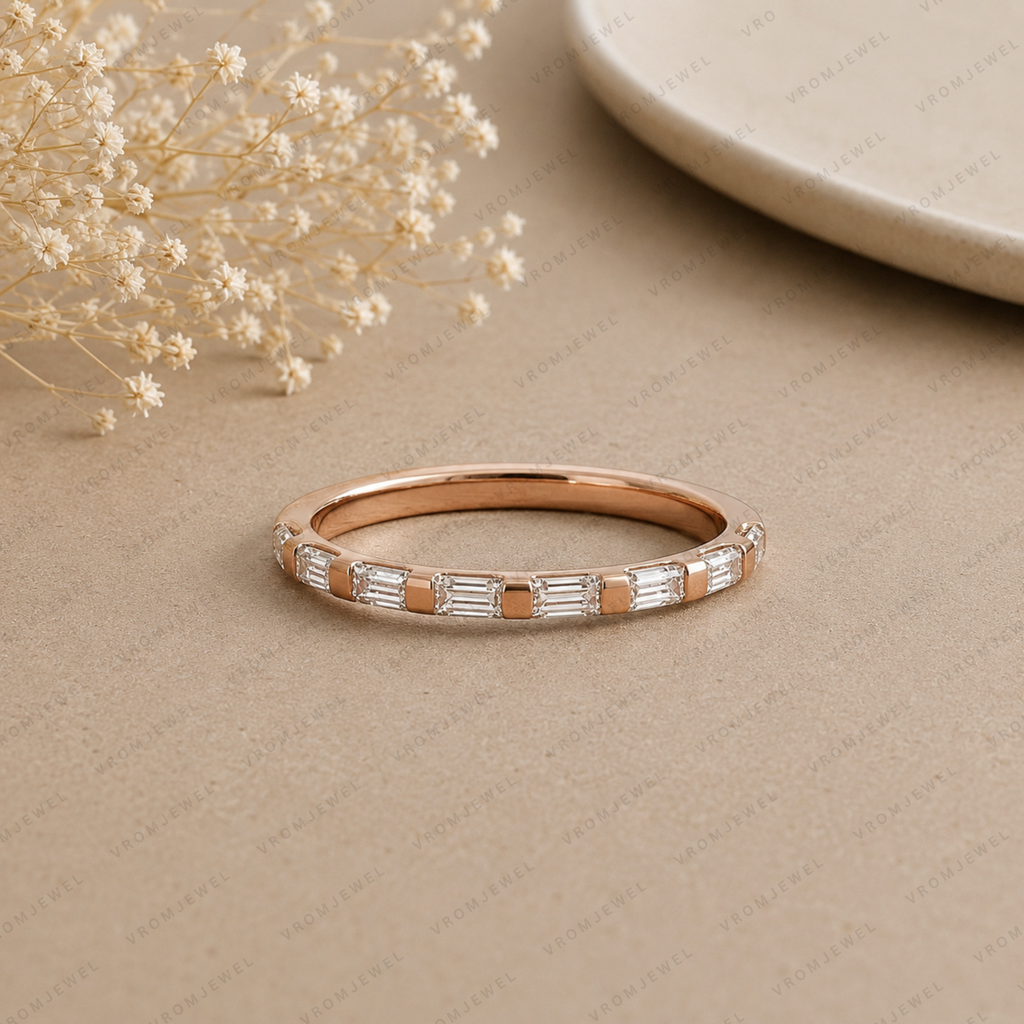 Baguette Lab Grown Diamond Wedding Band: Minimalist Half Eternity Stacking Ring