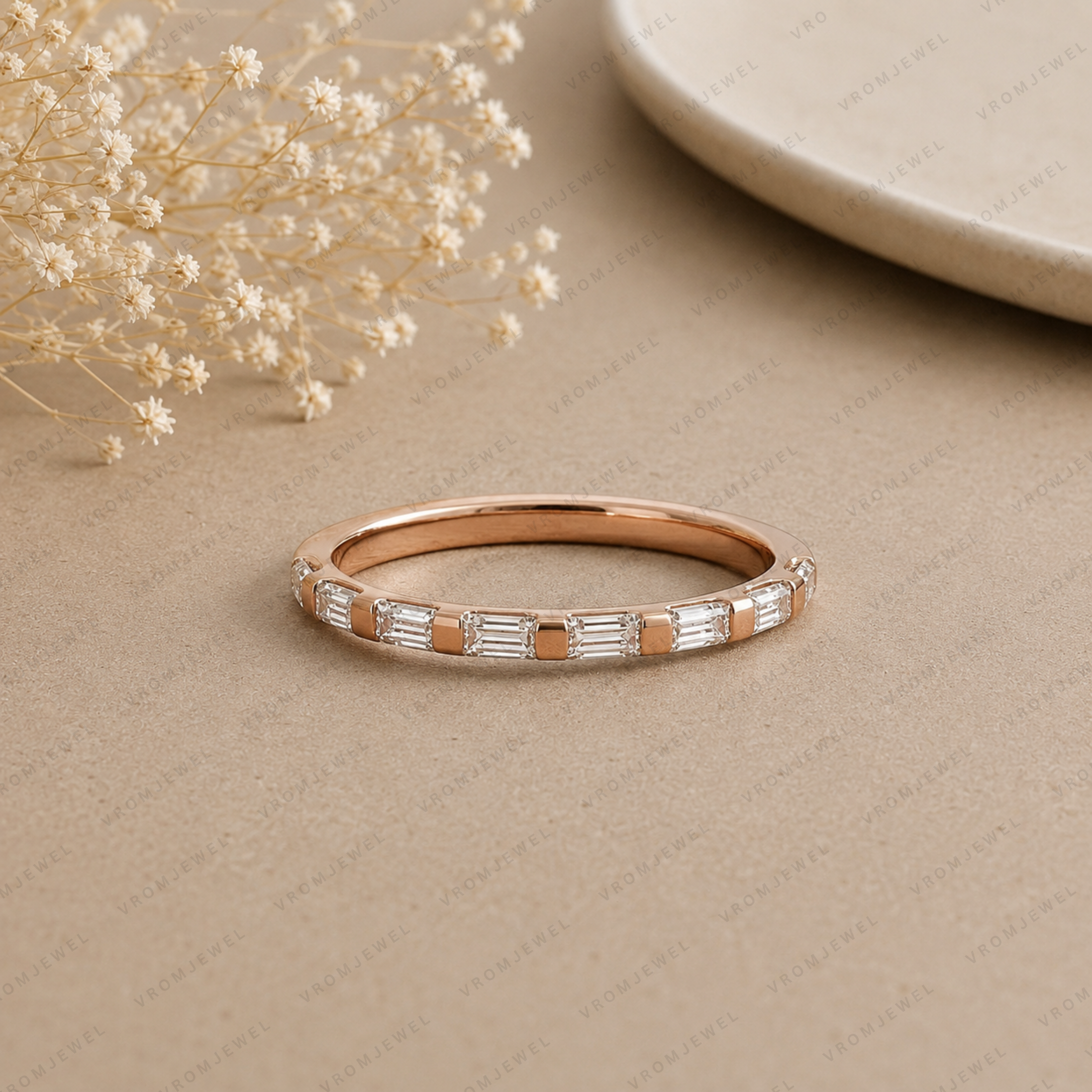 Baguette Lab Grown Diamond Wedding Band: Minimalist Half Eternity Stacking Ring