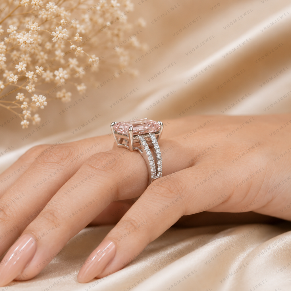 Pink Emerald Cut Lab Grown Diamond Engagement Ring, Split Shank Diamond Ring, Pink Diamond Ring, Pavé Setting, 10K 14K 18K Gold