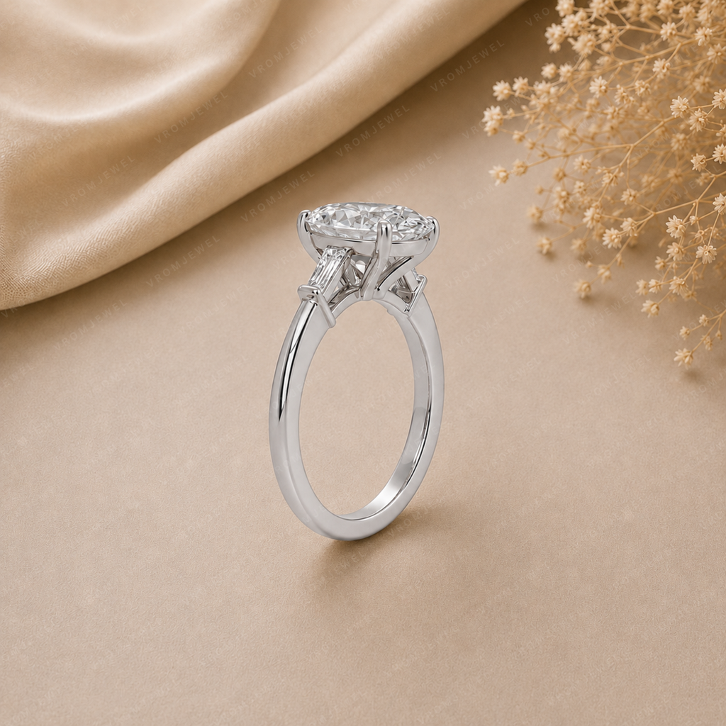 Oval Engagement Ring | Lab Grown Diamond | Tapered Baguette Side Stones | 14K Yellow Gold