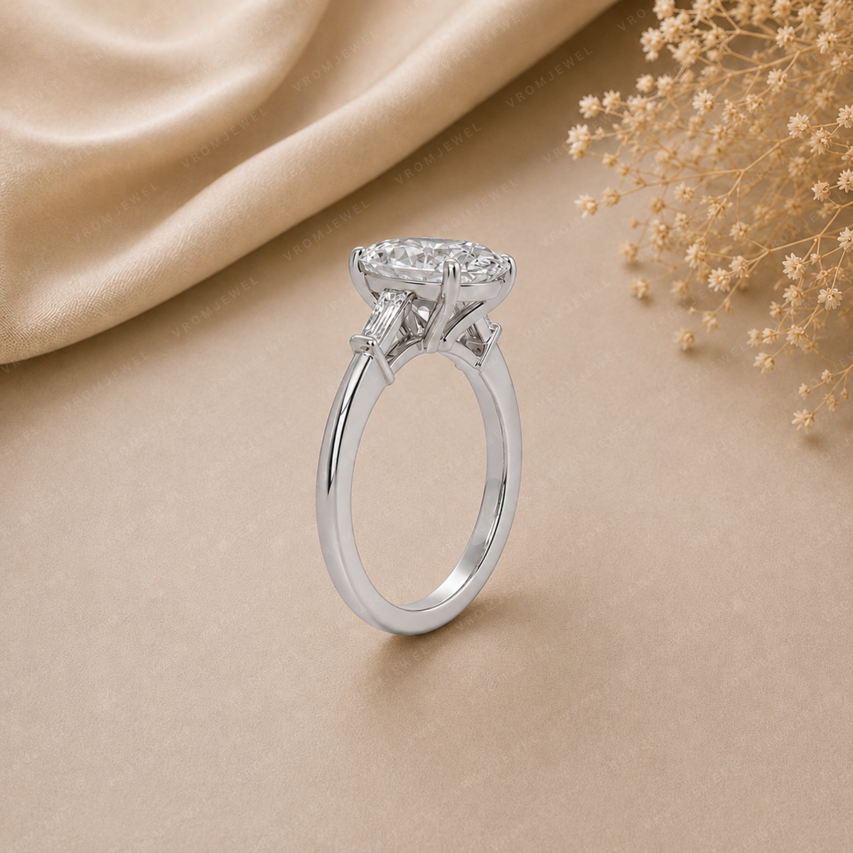Oval Engagement Ring | Lab Grown Diamond | Tapered Baguette Side Stones | 14K Yellow Gold