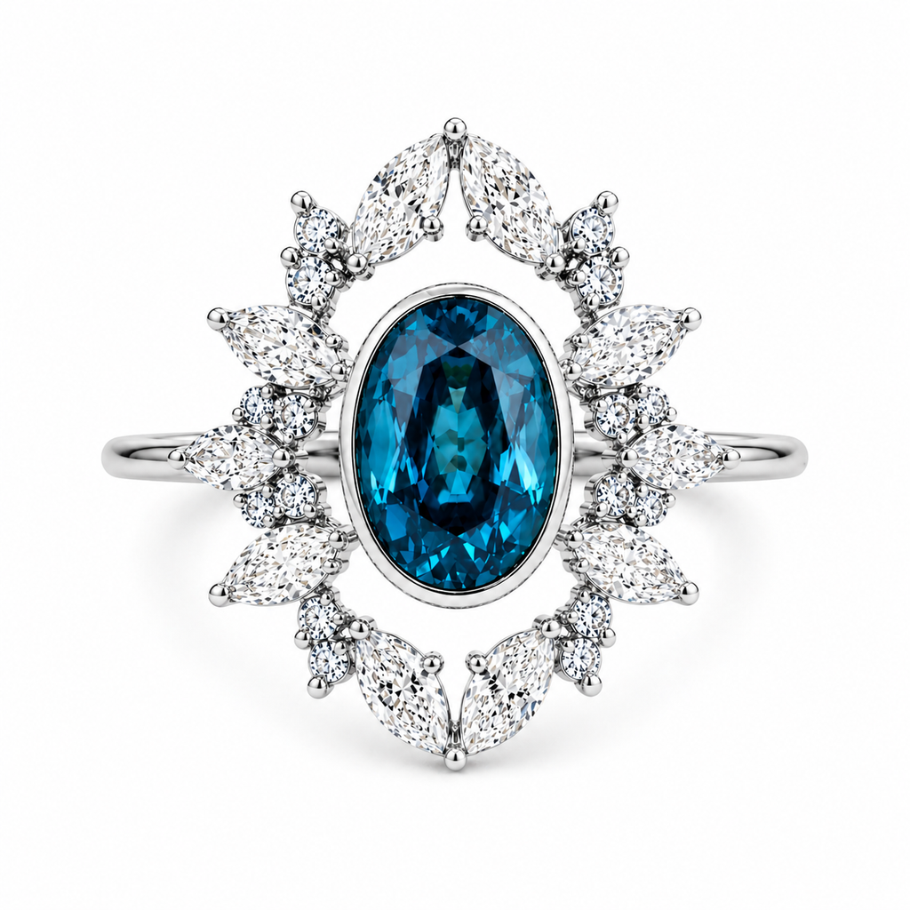 London Blue Topaz Nature Inspired Ring | 3.5 CT Oval Gemstone | Marquise & Round Diamond Halo | Vintage Floral Ring | 14K Gold