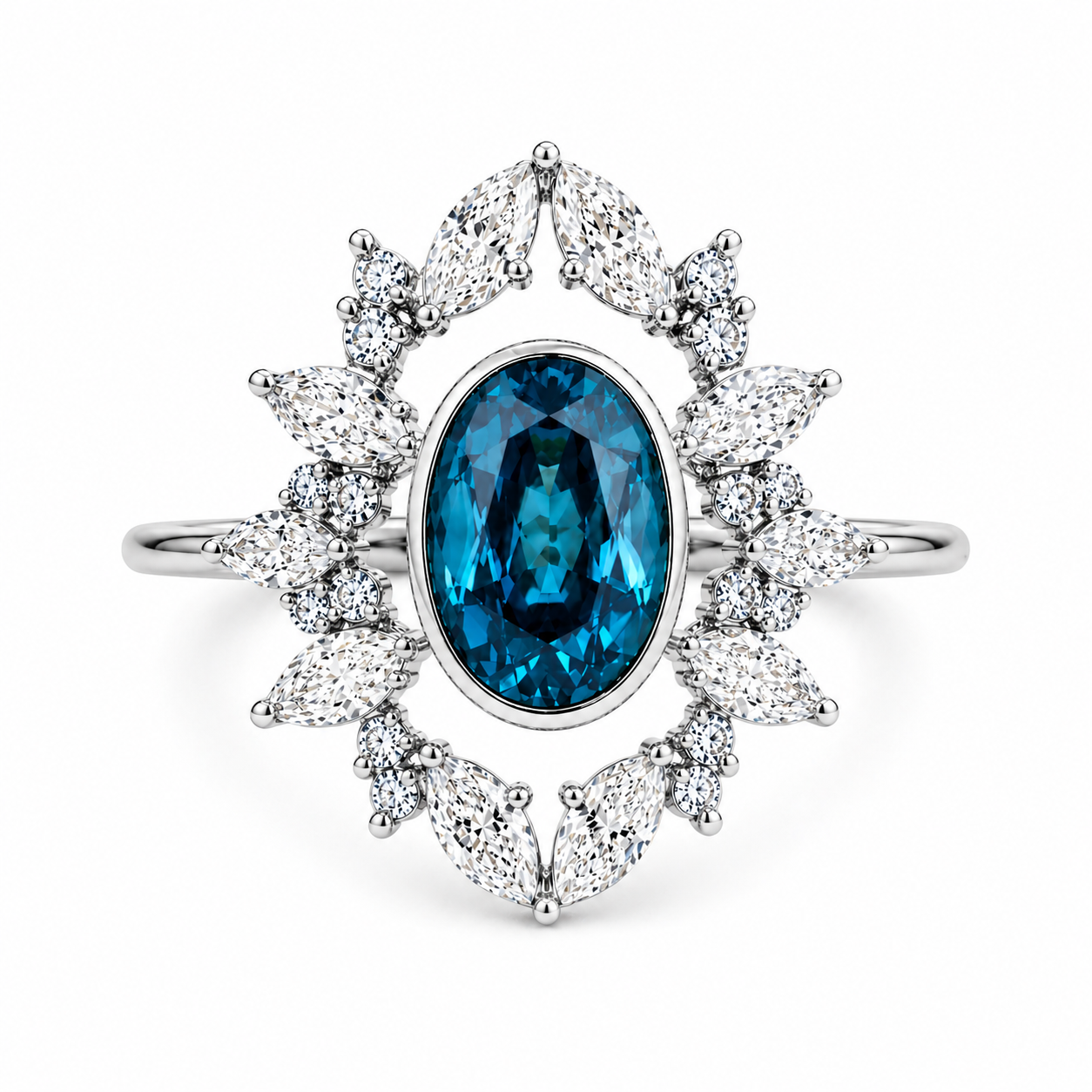 London Blue Topaz Nature Inspired Ring | 3.5 CT Oval Gemstone | Marquise & Round Diamond Halo | Vintage Floral Ring | 14K Gold