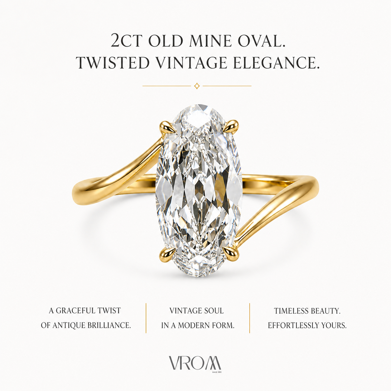 Old Mine Oval Lab Grown Diamond Engagement Ring | 2 CT | Twisted Vintage Ring | Antique Style | 14K Gold