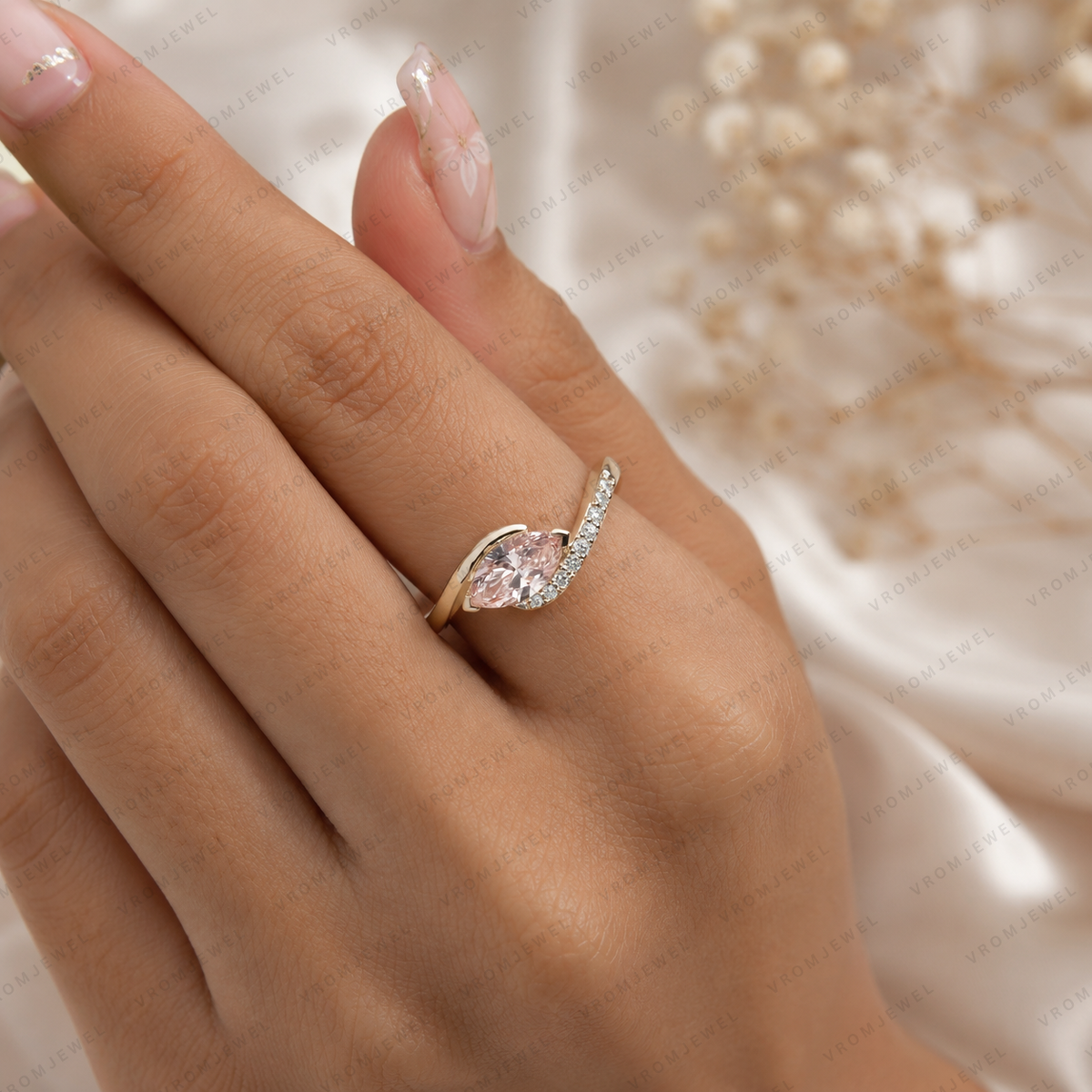 Pink Marquise Lab Grown Diamond Engagement Ring, Minimalist Crossover Ring, Pavé Diamond Band, Dainty Wedding Ring, 10K 14K 18K Gold