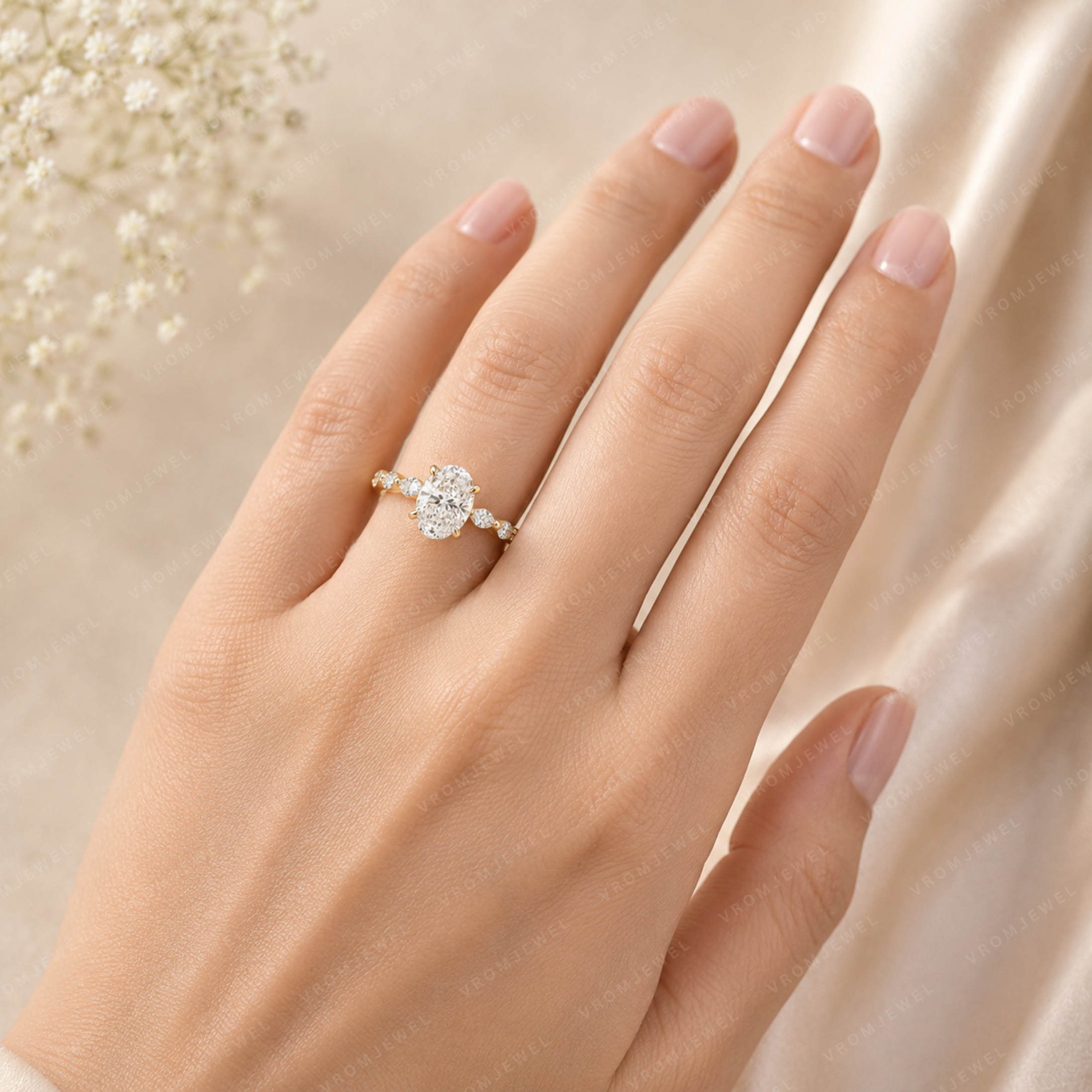 Oval Lab Grown Diamond Engagement Ring with Marquise & Round Halo in Solid 14K Gold