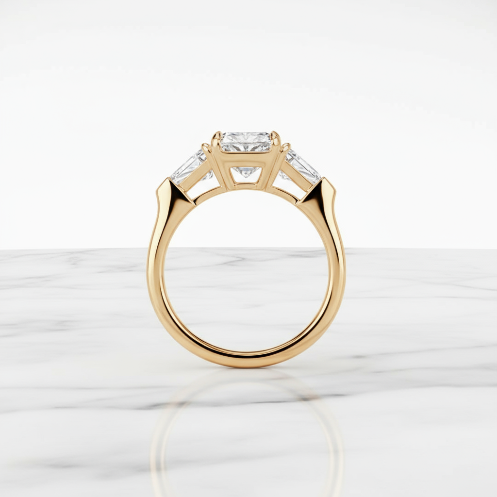 4 CTW Radiant & Triangle Lab Diamond Ring | Three Stone Solitaire | 14K Gold Engagement Ring