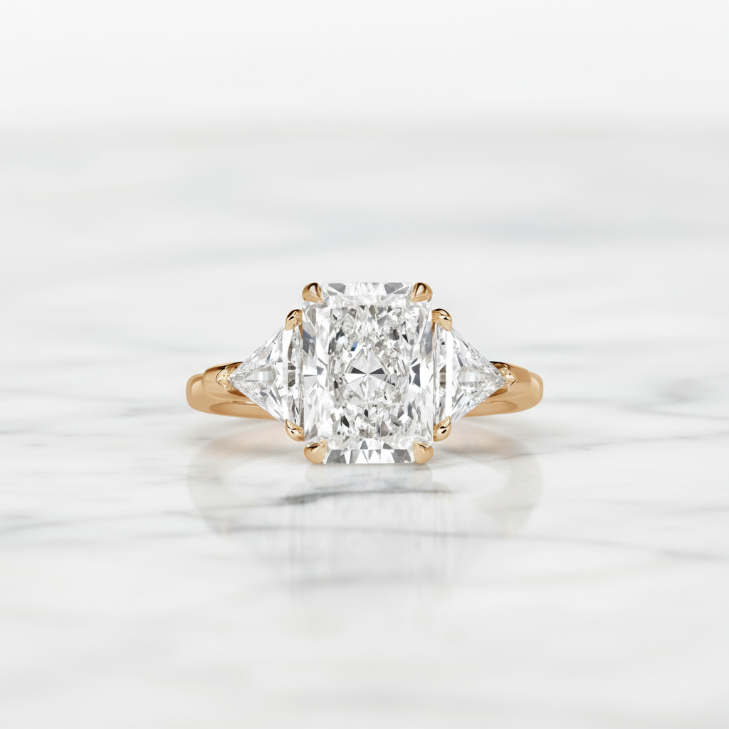 4 CTW Radiant & Triangle Lab Diamond Ring | Three Stone Solitaire | 14K Gold Engagement Ring