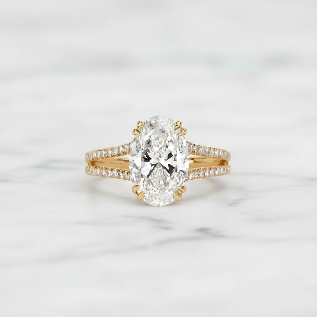 Oval Cut Ring with Split Shank Design | Lab Grown Diamond | 14K Yellow Gold