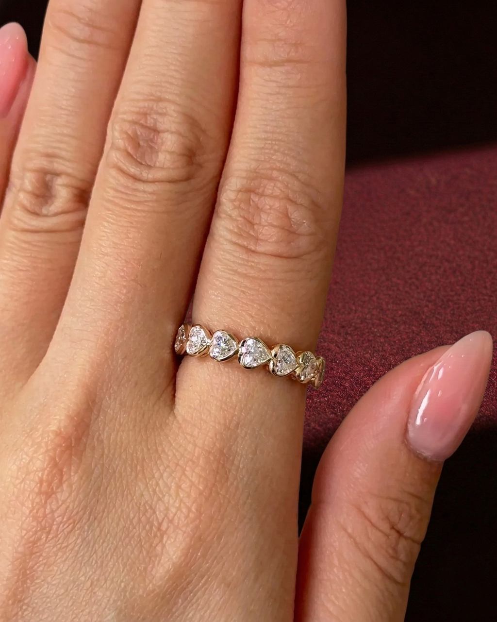 Heart Shape Diamond Half Eternity Band, Bezel Set Heart Diamond Wedding Band, Heart Diamond Anniversary Ring, Stackable Diamond Band.