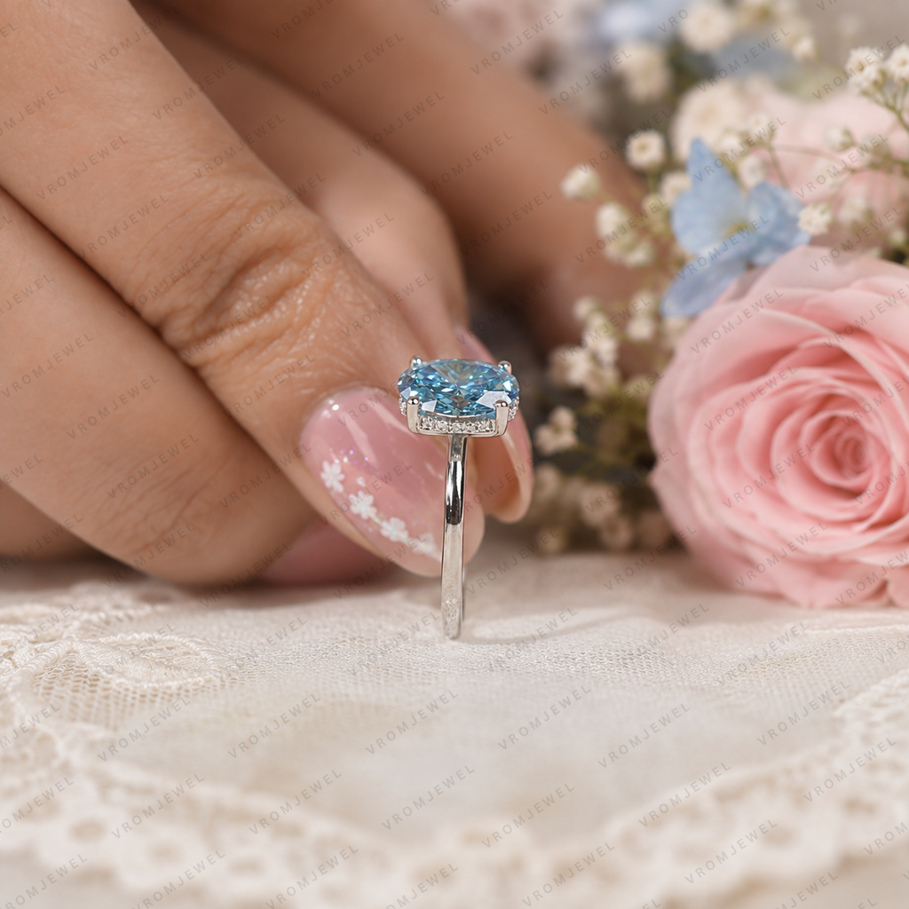 Blue Oval Lab Grown Diamond Engagement Ring, 2 Carat Blue Diamond Ring, Oval Solitaire Engagement Ring, Minimalist Blue Ring, 10K 14K 18K