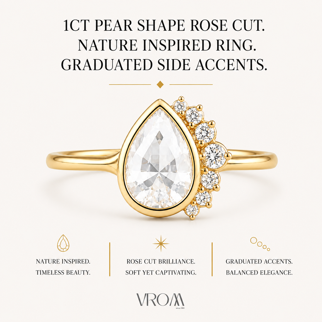Pear Shape Rose Cut Lab Grown Diamond Ring | 1 CT | Nature Inspired Design | Bezel Setting with Graduated Accents | 14K Gold
