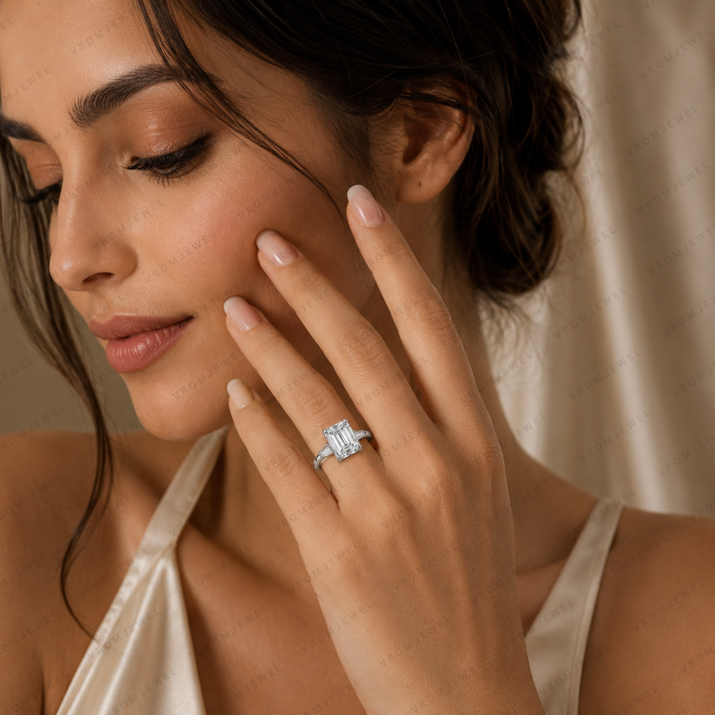 Emerald Cut Lab Grown Diamond Engagement Ring with Tapered Baguette Accents