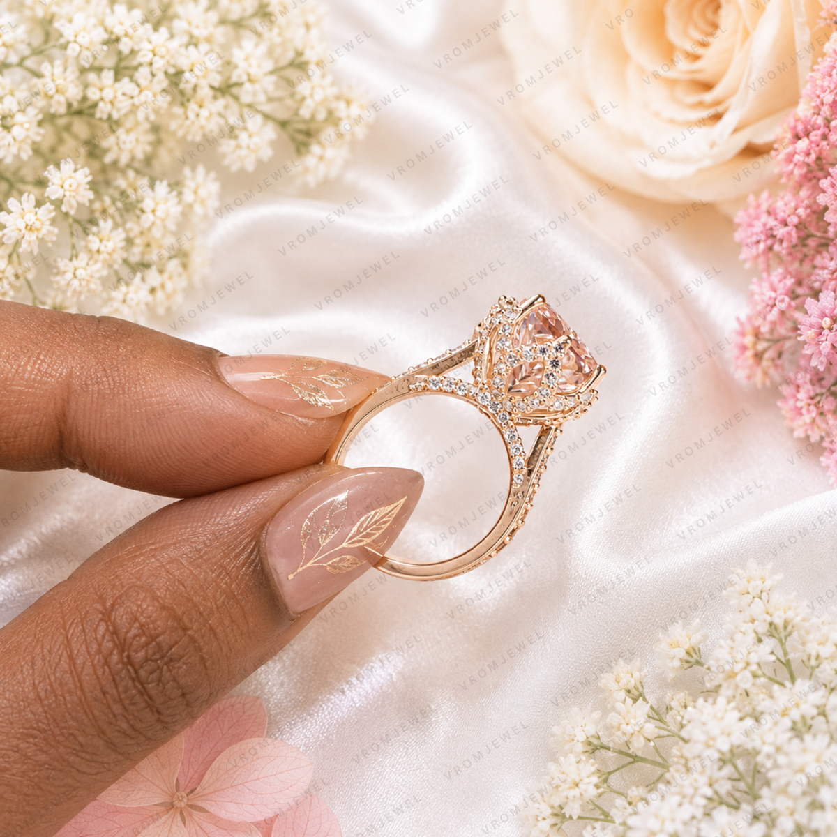 Pink Radiant Lab Grown Diamond Halo Engagement Ring, Pavé Diamond Band, Pink Diamond Ring, 10K 14K 18K Gold