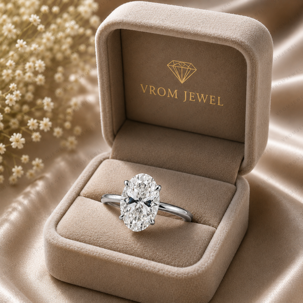 Oval Lab Grown Diamond Solitaire Ring in Handmade Solid 14K Gold