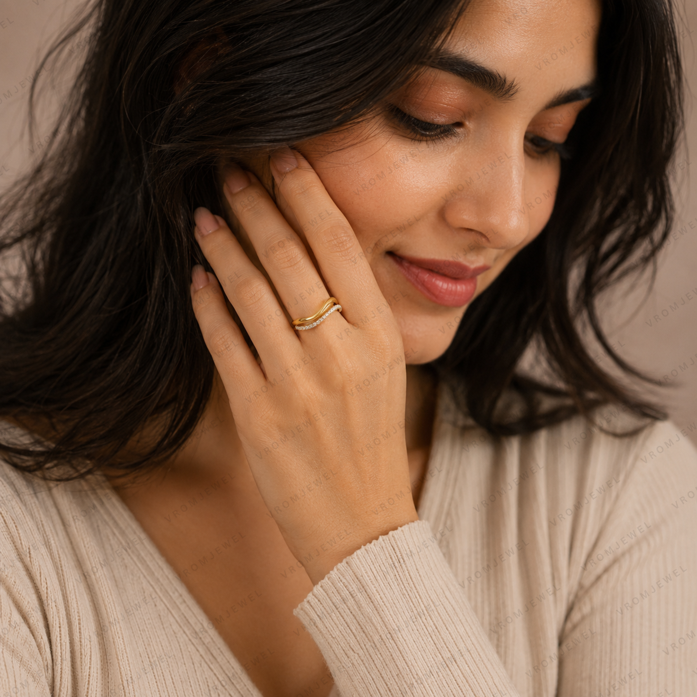 Double Wave Diamond Wedding Band | Lab Grown | 14K Gold | Stacking Ring