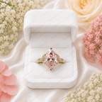 Pink Marquise Lab Grown Diamond Engagement Ring, Vintage Floral Halo Ring, Pavé Diamond Ring, 10K 14K 18K Gold