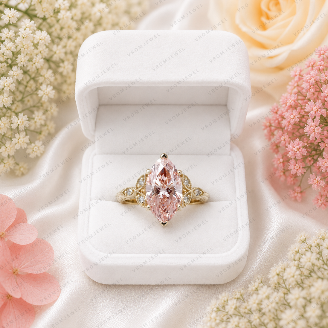 Pink Marquise Lab Grown Diamond Engagement Ring, Vintage Floral Halo Ring, Pavé Diamond Ring, 10K 14K 18K Gold
