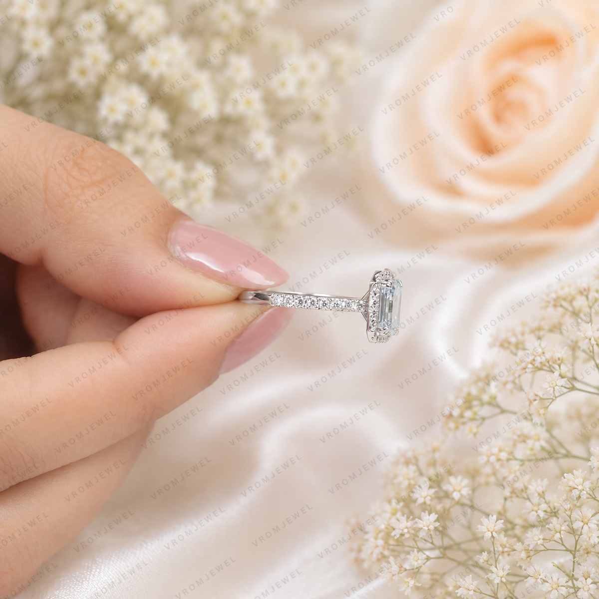 Blue Emerald Cut Lab Grown Diamond Ring, 1.50 Carat Blue Diamond Engagement Ring, Emerald Cut Halo Ring, Round Diamond Accents, Pavé Band
