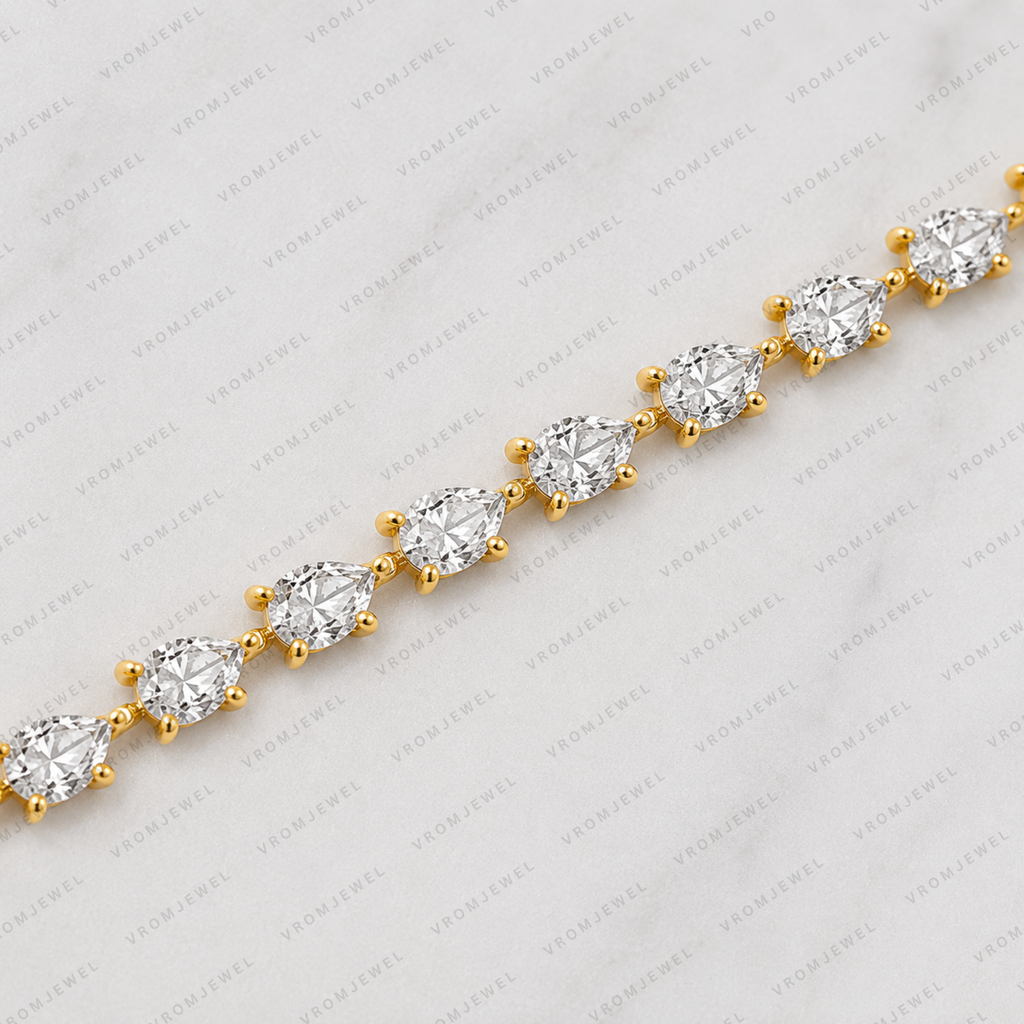 5.60ct Pear Cut Lab Grown Diamond Tennis Bracelet: 14k Gold Bridal Jewelry