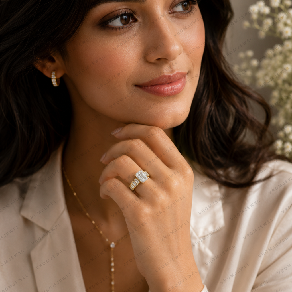 Emerald Cut Lab Grown Diamond Bridal Engagement Ring in Solid 14K Gold