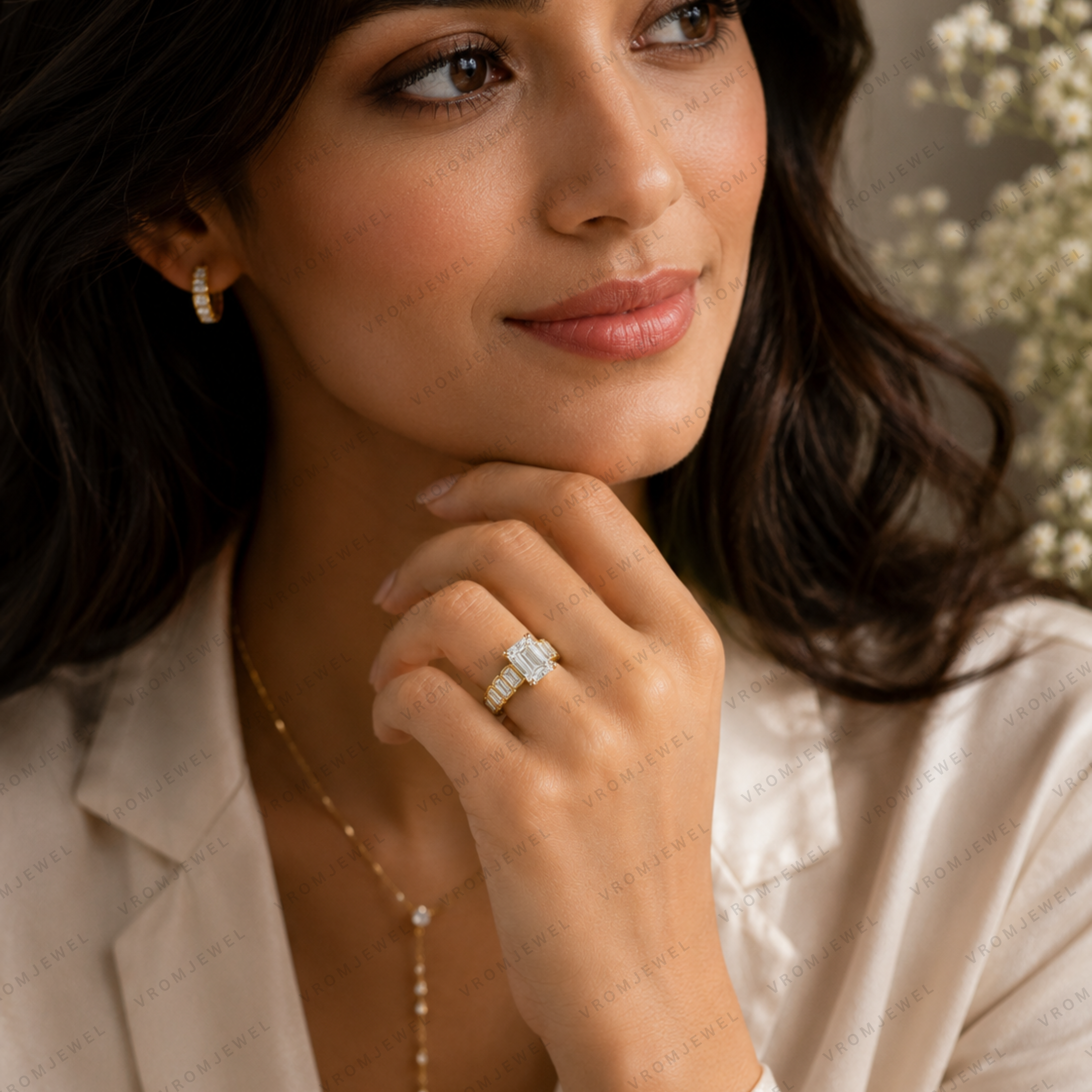 Emerald Cut Lab Grown Diamond Bridal Engagement Ring in Solid 14K Gold