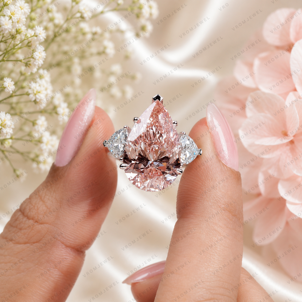 10 Carat Pink Pear Lab Grown Diamond Engagement Ring, Triangle Diamond Accents, Pink Pear Shape Ring, Statement Bridal Ring
