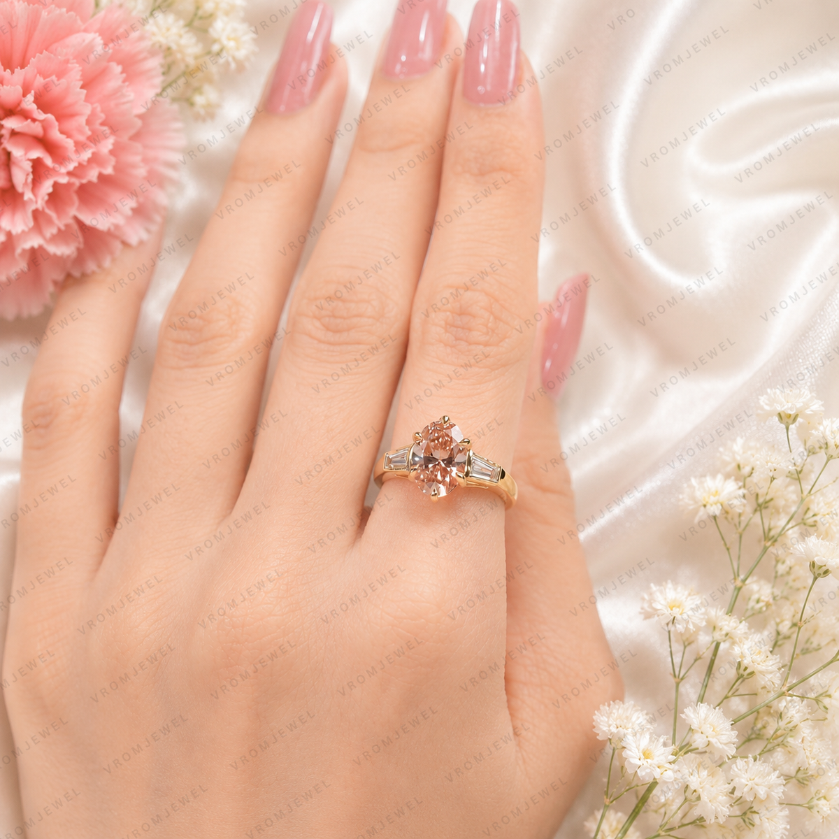 Pink Oval Lab Grown Diamond Engagement Ring, Pink Diamond Ring, Elegant Halo Setting, Diamond Accent Ring, 10K 14K 18K Gold