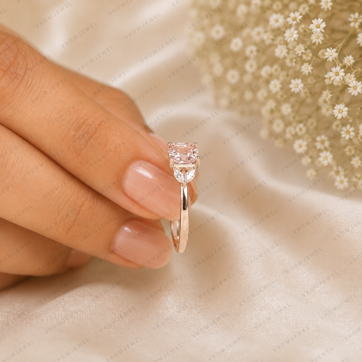 Pink Asscher Cut Lab Grown Diamond Engagement Ring, Leaf Side Stone Ring, Vintage Inspired Pink Diamond Ring, 10K 14K 18K Gold