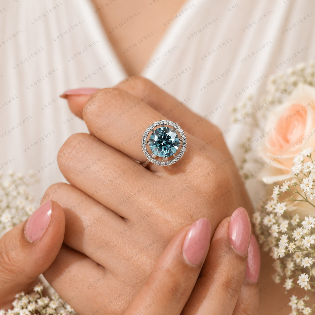 Blue Round Lab Grown Diamond Ring, 5 Carat Blue Diamond Engagement Ring, Round Cut Halo Ring, Pavé Diamond Halo, Unique Statement Ring