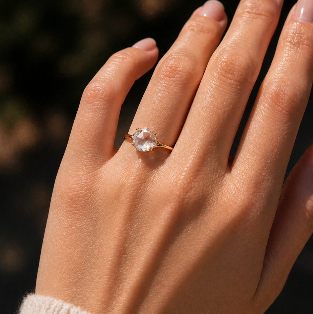 Rose Cut Lab Grown Diamond Minimalist Ring | 1 CT | Tapered Thin Band | Elegant Solitaire Ring | 14k Solid Gold