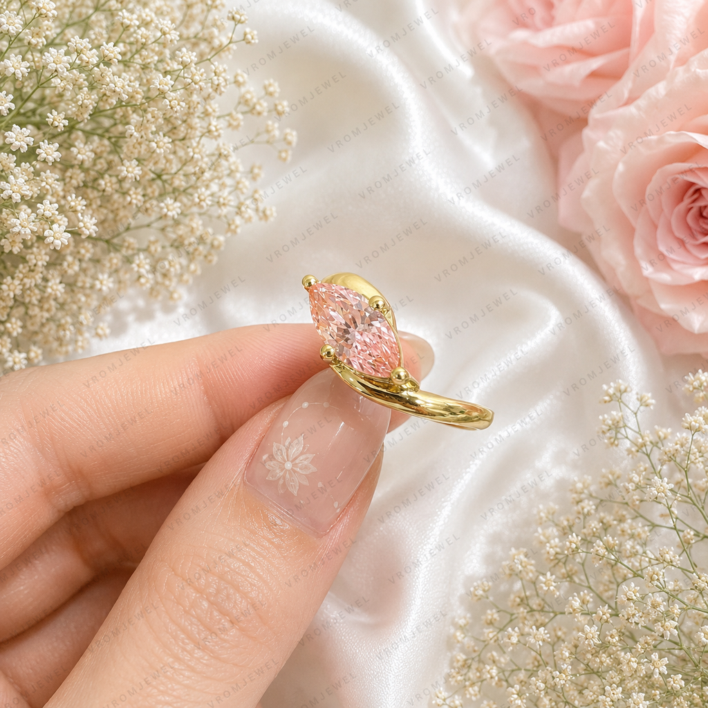 Pink Marquise Lab Grown Diamond Engagement Ring, 1.30 Carat Pink Diamond Ring, Minimalist Solitaire Ring, Unique Curved Setting, 10K 14K