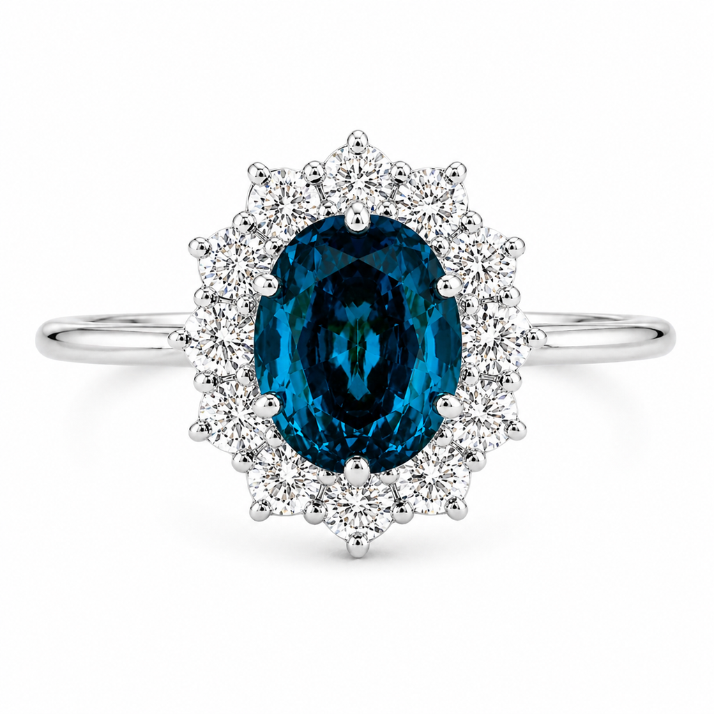 London Blue Topaz Halo Ring | 3.5 CT Oval Gemstone | Lab Grown Diamond Halo | Vintage Style Engagement Ring | 14K Gold