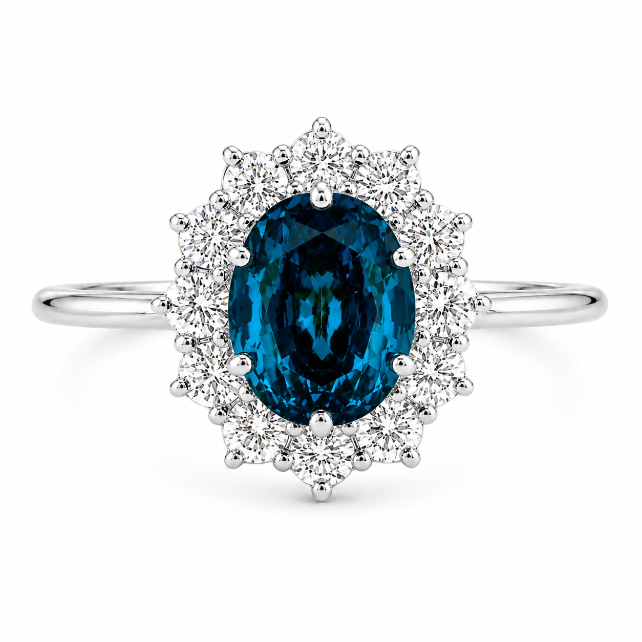 London Blue Topaz Halo Ring | 3.5 CT Oval Gemstone | Lab Grown Diamond Halo | Vintage Style Engagement Ring | 14K Gold