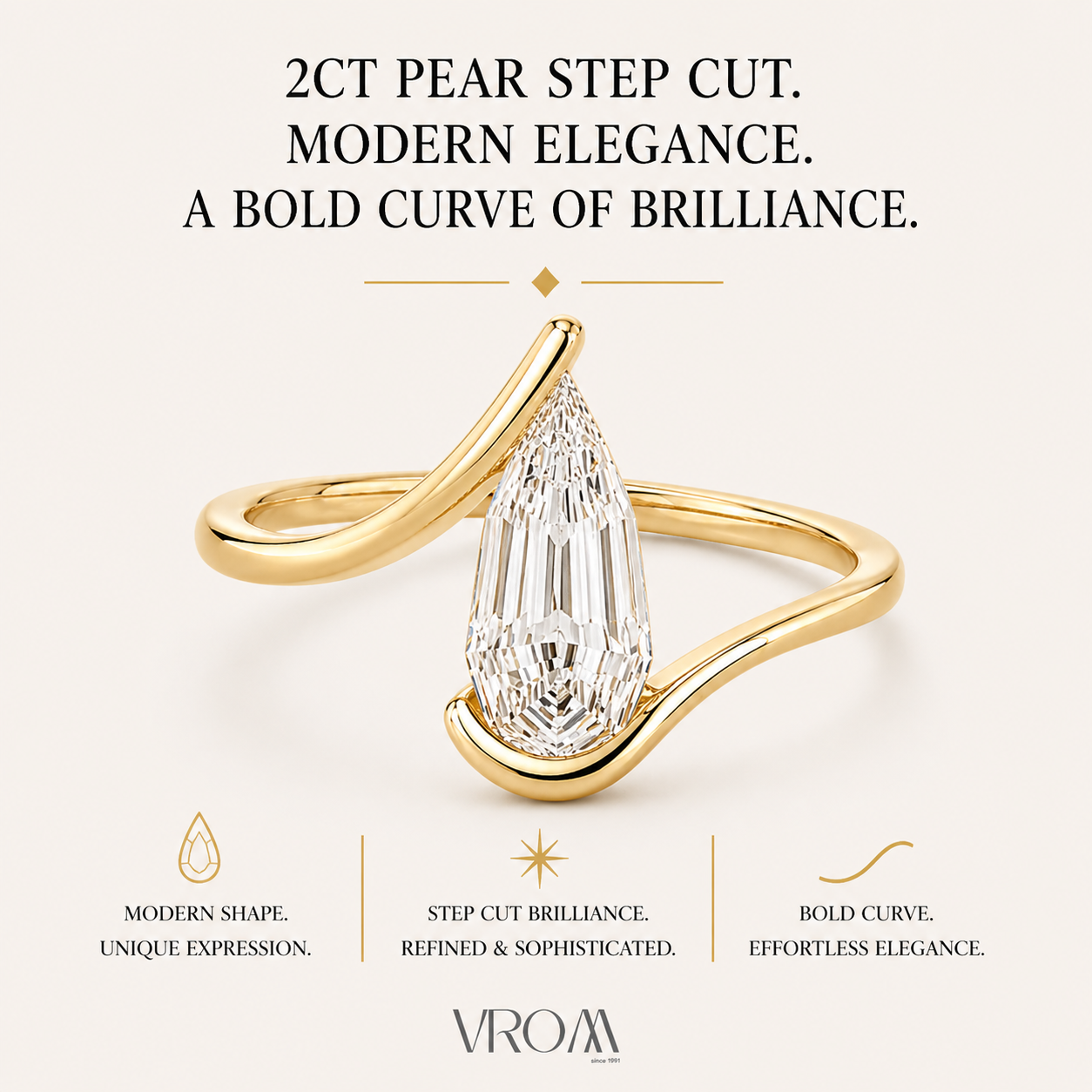 2 CT Pear Step Cut Lab Grown Diamond Ring | Geometric Wrap Design | Modern Sculptural Engagement Ring | 14K Gold