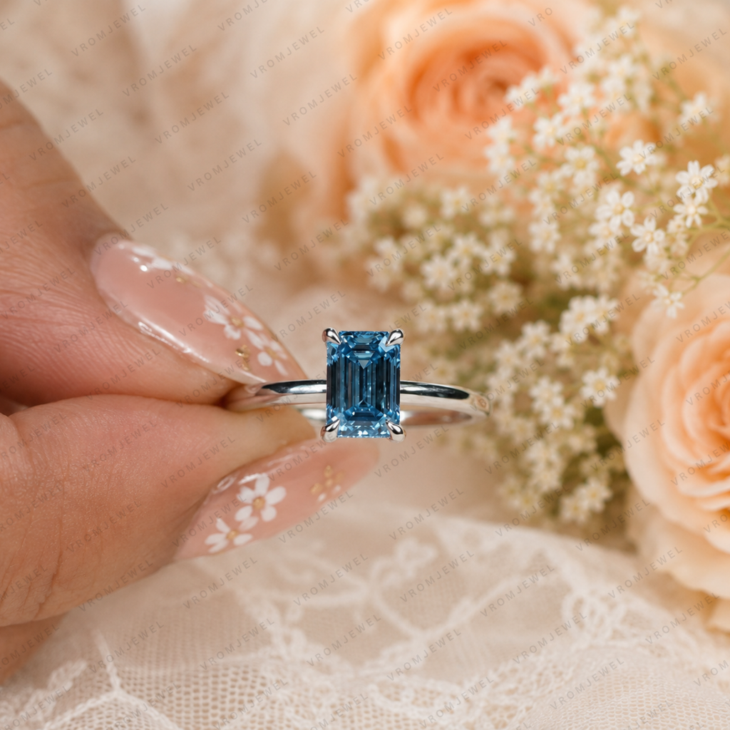 Blue Emerald Cut Lab Grown Diamond Ring, 1.50 Carat Blue Diamond Engagement Ring, Emerald Cut Solitaire Ring, Diamond Accent Setting