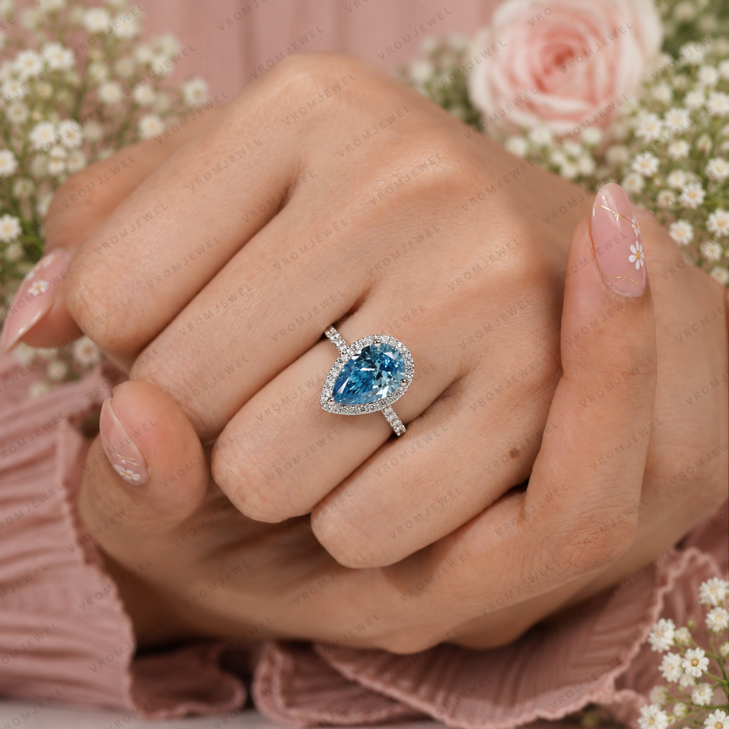 Blue Pear Shape Lab Grown Diamond Ring, 3 Carat Blue Diamond Engagement Ring, Pear Cut Halo Ring, Pavé Diamond Band, Blue Bridal Ring