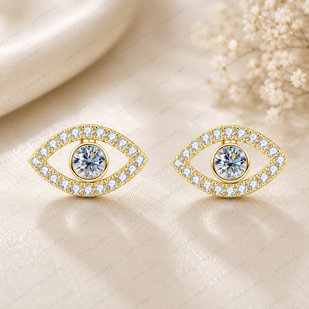 Evil Eye Lab Grown Diamond Stud Earrings, Eye Shape Diamond Earrings, Solid Gold Evil Eye Studs, Minimalist Diamond Earrings, Gift For Her