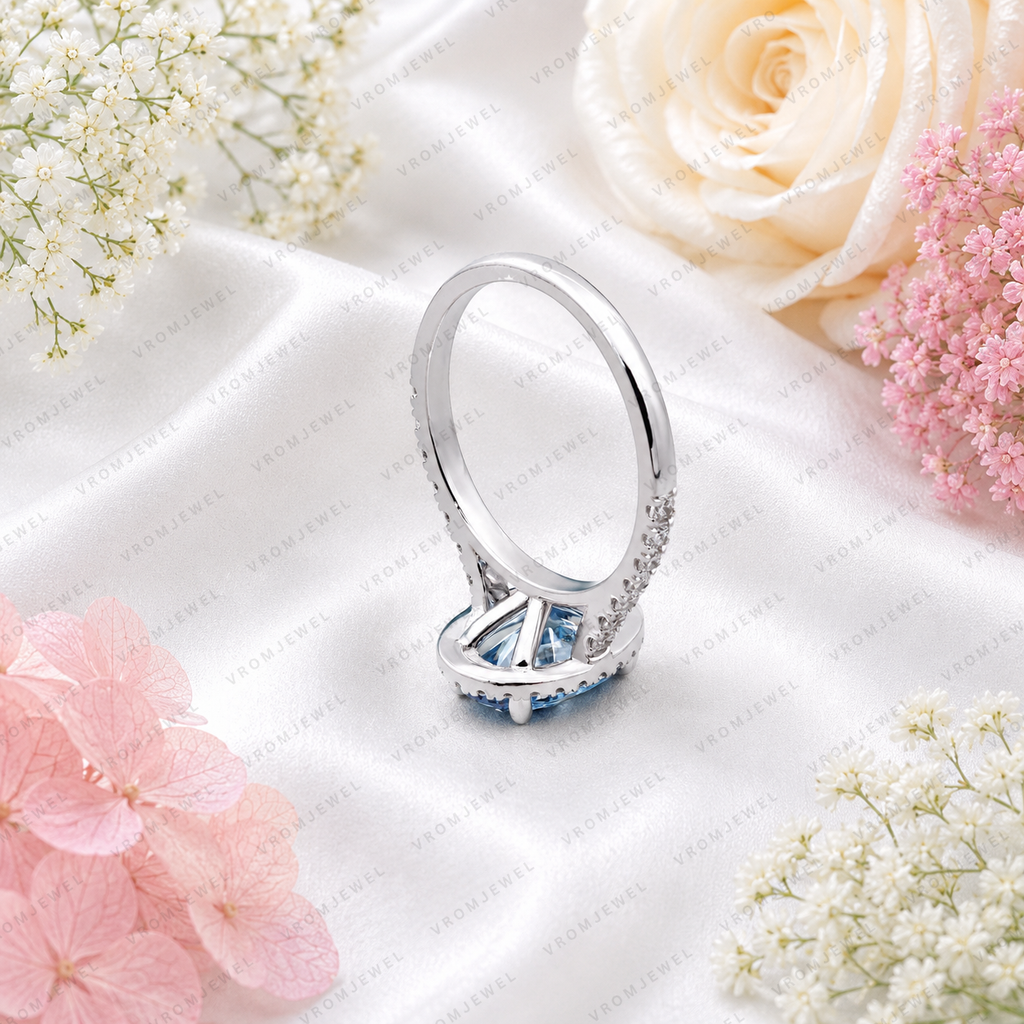 Blue Oval Lab Grown Diamond Ring, 2 Carat Blue Diamond Engagement Ring, Oval Cut Halo Ring, Pavé Diamond Halo, Classic Bridal Ring